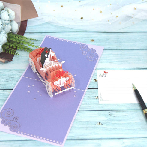 CUTE POPUP Enchanting 3D Wedding Car Card - Premium Handmade Gift - Captivating Pop Up Couple Design