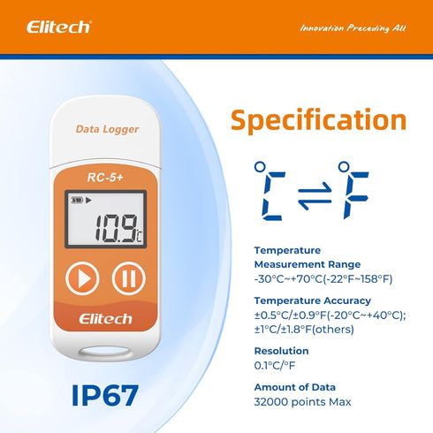 RC-5+Digital 32000 Elitech PDF USB Temperature Data Logger Reusable Recorder Refrigerator Thermometer Points High