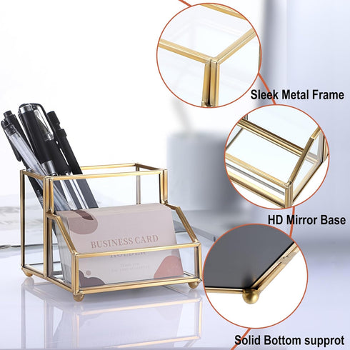 Hipiwe Glass Business Card Holder Stand with Pen/Pencil Organizer Gold Business Name Cards Display Holder for Home Office Desktop Countertop, 2 Slots