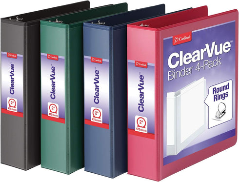Cardinal 3 Ring Binders, Durable 2 Inch Binder with Round Rings, Holds 475 Sheets, ClearVue Covers, 4 Pack