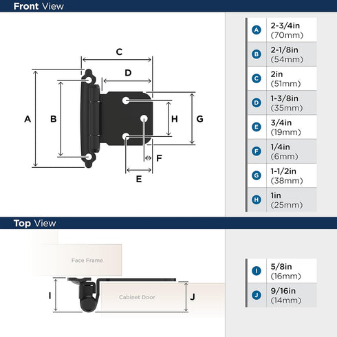 BPR7629FB 1 Pair/2 Pack Amerock | Face Frame Cabinet Hinge | Variable Overlay Self Closing Face Mount | Matte Black |