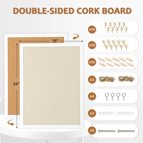 Double-Sided Large Cork Board with Linen, 24" x 18" Hanging Wood Framed Bulletin Board