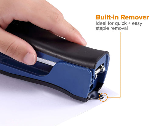 Bostitch Office Dynamo Stand-Up Stapler with Built-in Pencil Sharpener, Staple Remover, Navy Blue