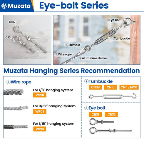 Muzata 10 Pack 1/4" x 2" Eye Bolts, Stainless Steel Eyebolt with Nuts Washers, Heavy Duty Shoulder Lifting Ring (Total