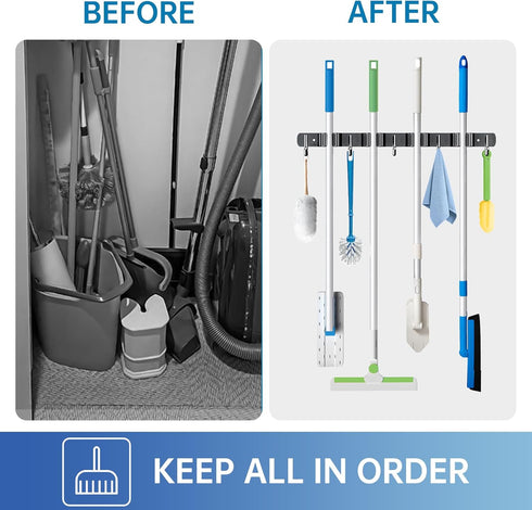 ZONGOOL 2 Pack Broom Holder Wall Mount, 4 Racks and 5 Hooks, Heavy Duty Organizer for Home Kitchen Garden
