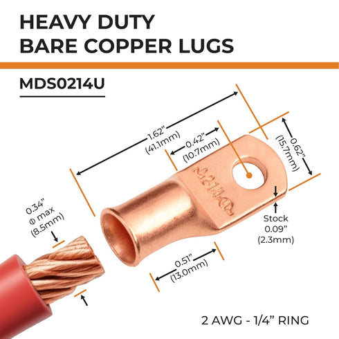 SELTERM 2pcs 2 AWG 1/4" Stud Copper Wire Lugs, Battery Lugs, Ring Terminals, Heavy Duty Bare Copper Eyelets