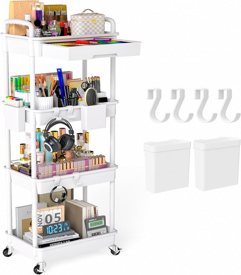 4 Tier Rolling Utility Cart with Drawer, Plastic Storage Organizer Rolling Carts