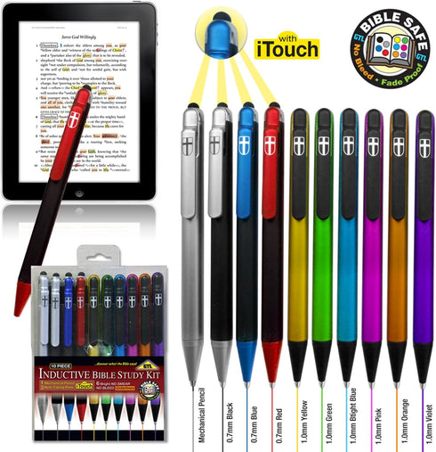 G.T. Luscombe Company, Inc. 10 Piece Inductive Bible Study Pen/Pencil Set, No Smearing, Cross Imprint
