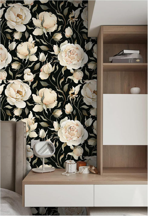 HAOKHOME 93242-1 Peel and Stick Wallpaper - Floral Vintage Roses Contact Paper Removable Black/Beige/Olive