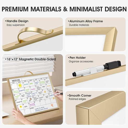 MaxGear Monthly Calendar Dry Erase Board, 16"x12" Hanging Whiteboard with Handle, Golden Aluminum Frame for Office