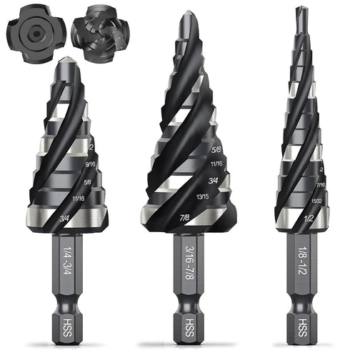 THINKWORK 3 Pcs Spiral Flute Step Drill Bit Set, HSS Step Bits (1/8"-7/8") with Tool Box, 1/4" Shank