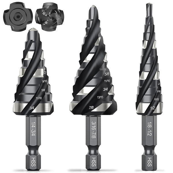 THINKWORK 3 Pcs Spiral Flute Step Drill Bit Set, HSS Step Bits (1/8"-7/8") with Tool Box, 1/4" Shank
