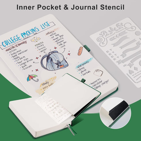 EMSHOI Blank Journal, 320 Pages A5 Hardcover Leather Sketchbook, 100gsm Thick Paper, Dark Green for Writing
