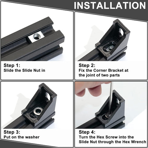2020 Corner Bracket Kit, 20pcs Corner Brackets, 40pcs Hex Screws, 40pcs Slide Nuts, 40pcs Washers, 2pcs Hex Wrenches