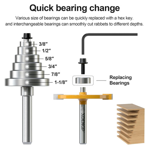 Set 1/4 1pcs 6 1/8", 1/4", 5/16", 3/8", 7/16", 1/2" Rabbet Router Bit Shank, Rabbeting Router Bits with Bearings