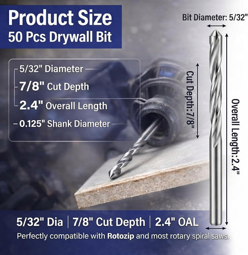 50 5/32" Tondiamo Pcs Drywall Router Bits Rotor Drywall Drill Bits High Speed Steel Spiral Guide Point Cutting Diameter