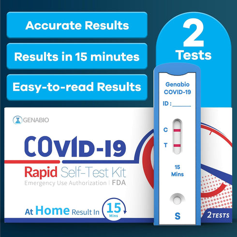 COVID-19 (2 Pack) 15-Minute 2+ (1 Pack, 2 Genabio Antigen Rapid Self-Test Kit FDA EUA Authorized | At-Home Results |