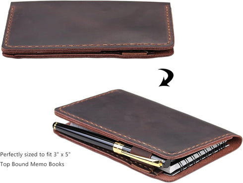 Robrasim Top Bound 3"x5" Memo Notebook Covers, Genuine Leather Cover for 3x5 Top-Spiral Notebook, Note Pad Holder Cover