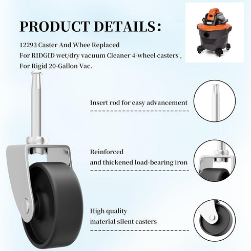 12293 Vacuum Caster, Compatible with Ridgid Wet/Dry Vac RV1250, RT1200, 1650RV, 1610RV, 2" Replacement Wheel 2 Pack