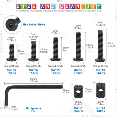 Glarks 120Pcs M6x15/20/25/30/35mm Black Hex Socket Cap Bolt Screws and Barrel Nut Assortment Kit with a Allen Wrench
