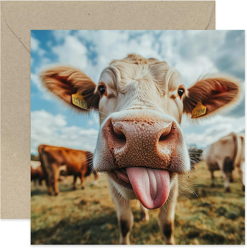 Fun Birthday Cards for Him - Funny Cow Licking Photo Greeting Card