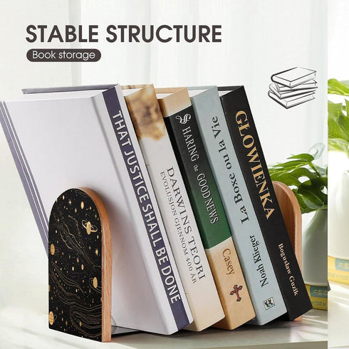 FodPand Gold and Silver Space Themed Wood Bookends Decorative Non-Slip Bookends Heavy Duty Book Ends Modern Book Ends