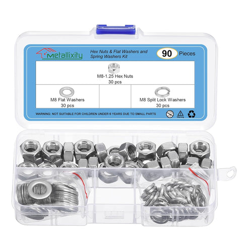90Pcs Hex Nuts Assortment Kit - M8-1.25 Hex Nuts with M8 Flat Washers & Split Lock Washers, 304 Stainless Steel