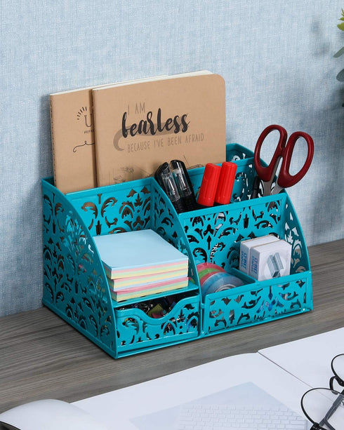 EasyPAG Desk Organizer Caddy with 6 Compartments and 1 Sliding Drawer, Dark Teal