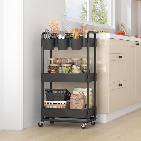 JIUYOTREE 3-Tier Plastic Rolling Storage Cart, Utility Cart with Extra Hanging Cups and Lockable Wheels for Kitchen and