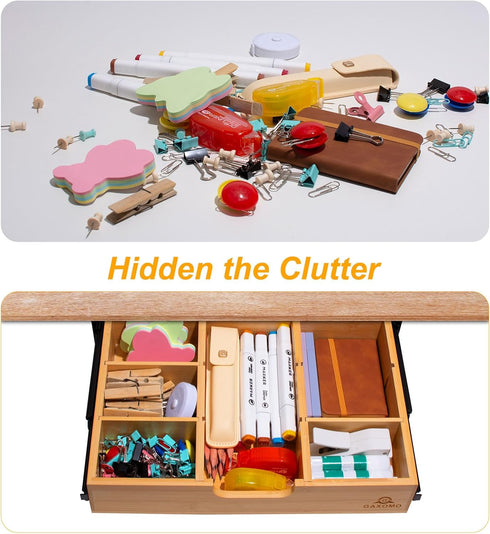 Under Desk Bamboo Drawer with U-Shaped Hollow Panel, Adjustable Space Storage Organizer for Sit Stand Workstation