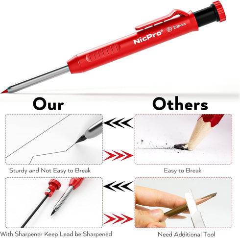Nicpro Carpenter Pencil with Sharpener, Mechanical Pencils Set with 26 Refills, Deep Hole Marker for Heavy Duty