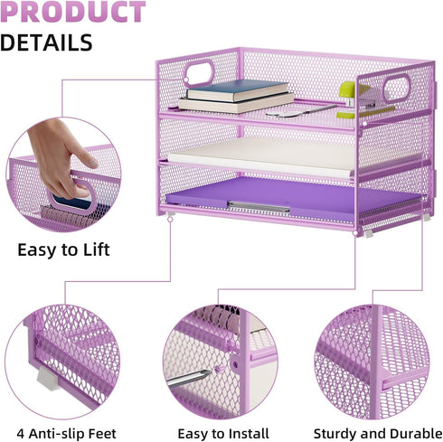 Marbrasse 3 Tier Paper Organizer, Mesh File Organizer with Handle for Home Office Supplies (Purple)