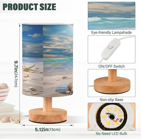 Starfish Summer Beach Bedside Table Lamp, Small Eye Care LED Desk Reading Lamp, USB Port, Wood Base, Flaxen Fabric Shade