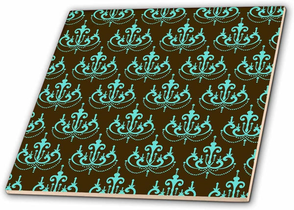 3dRose Elegant Aqua Blue Chandelier Damask On Brown Trendy Pattern 8 Inch