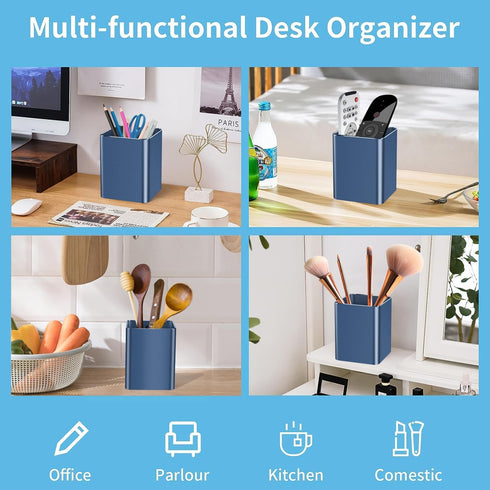 Pen holder,square pen cup, Metal pen pencil holder, desktop pencil cup stationery organization office desktop accessories, suitable for office, school, home and stationery supplies. (blue) by hongQue