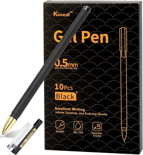 Gel Pens, 0.5mm Black Ink Pens, Fine Point Smooth Writing Pens - Pack of 10, Bulk Ink Gel Pen, Fine Tip Ballpoint Pens, Rollerball Pens for Office/School/Archival Supplies by Kinnkall