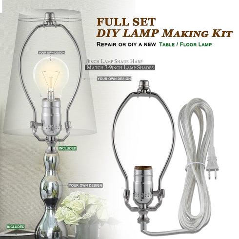 Lamp Making Kit, Make a Lamp or Repair Kit, 3-Way Lamp Socket with Matching Cord, Lamp Harp Set for Table Floor Lamp,