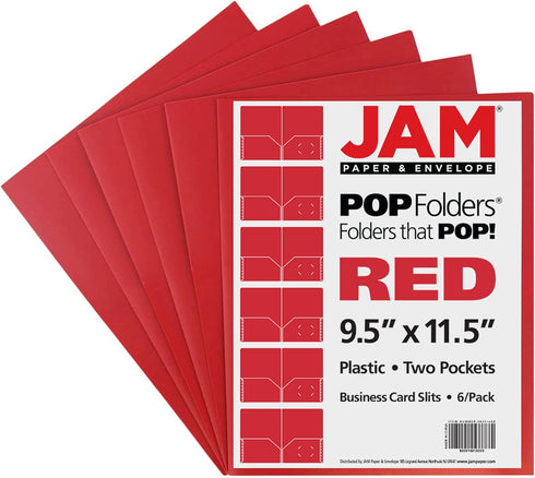 JAM PAPER Plastic 2 Pocket POP Folders - Durable School Folders - Red - 6 Pack