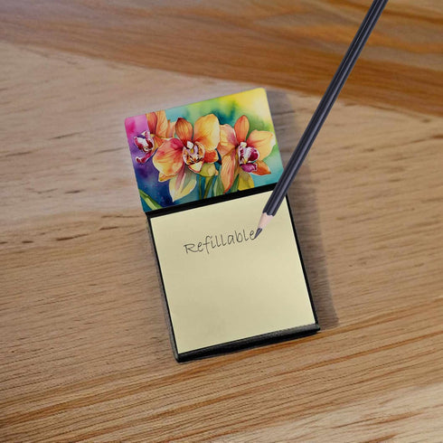 Caroline's Treasures Orchids in Watercolor Sticky Note Holder, Refillable Dispenser, Memo Pads