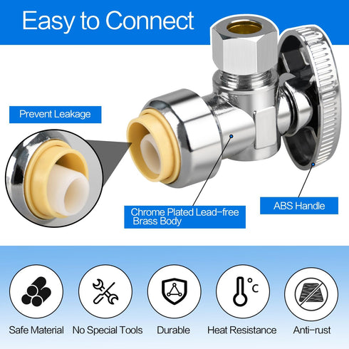 1/2/5/10/20pcs Stop Valves, 1/2" 3/8" Angle Stop Valve, Push to Connect, Chrome Plated Brass for Faucet, Toilet