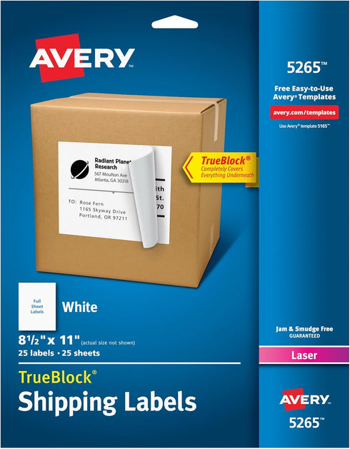 Avery Full-Sheet Shipping Labels, 8.5" x 11", White, 25 Blank Customizable Stickers for Mailing, Shipping, Organizing