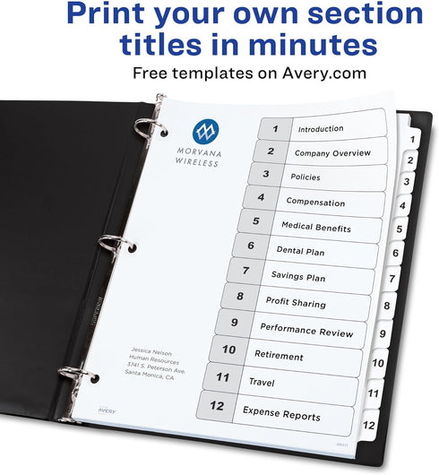 Avery 12 Tab Dividers for 3 Ring Binders, Customizable Table of Contents, 1 Set, Classic White Tabs (11140)