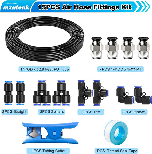 mxuteuk 1/4" Air Hose Fittings, 1/4" OD Push to Connect Fittings, 1/4" (6.35mm) OD x 32.8 Feet PU Tube (15PCS)