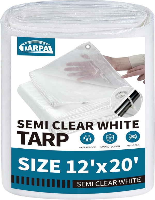 TARPAL 12'x20' Semi Clear White Tarp Waterproof Green House Cover with Grommets