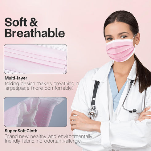50Pcs 3 DR.MOXA Pink Disposable Medical Face Masks, Layers Safety Mask for Adults Teenagers Daily Use