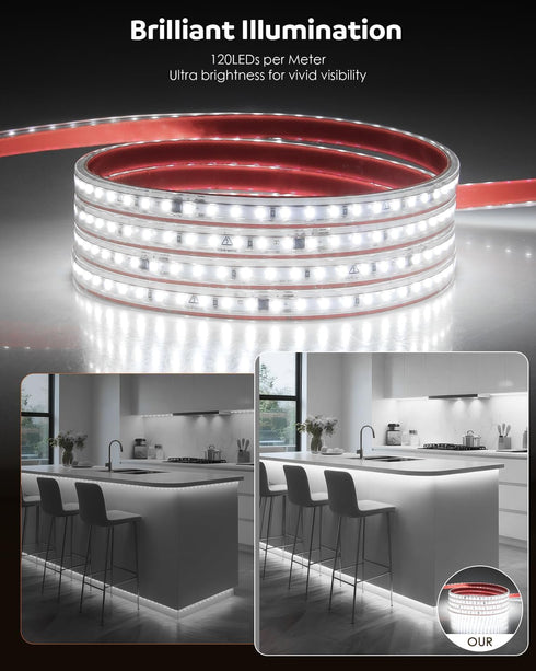 5M 110V-130V 6000K 120LEDs/M 16.4FT Aclorol Outdoor Led Strip Lights Waterproof AC Flexible LED Rope Lights Outdoor
