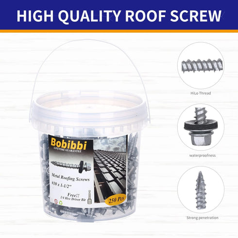 Metal Roofing Screws 10 x 1-1/2 inch, Hex Head Sheet Metal Roof Screw with EPDM Washer (250Pcs)