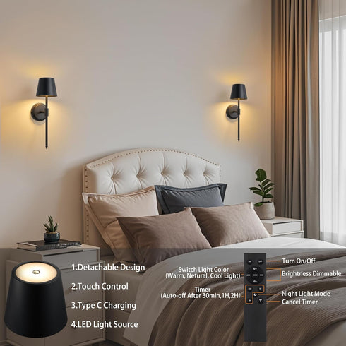 Hillsboro 5000mAh Dimming (Black-1PCS-3 Battery Operated Wall Sconces, Cordless Rechargeable Battery LED Wall Sconce