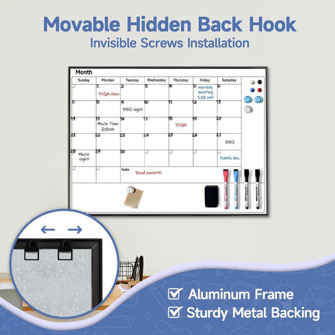 Dry Erase Calendar Whiteboard for Wall Hanging, 24"x18" Monthly White Board Calendar with Sturdy Aluminum Frame