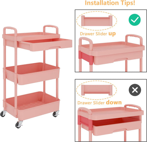 Calmootey 3-Tier Rolling Utility Cart with Drawer, Multifunctional Storage Organizer with Plastic Shelf & Metal Wheel,